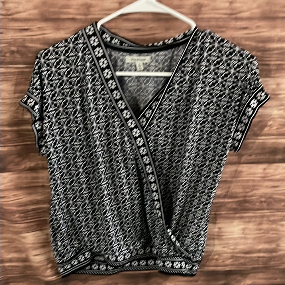 Max Studio Black and White Wrap Blouse with Embellished Design